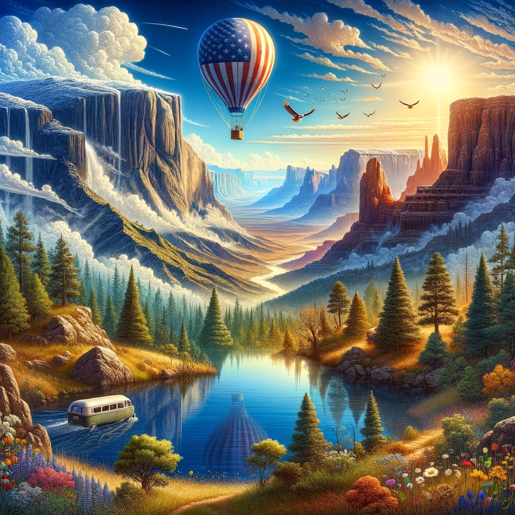 Illustration of a diverse American landscape with a lake, mountains, the Grand Canyon, a hot air balloon with the American flag, and a sky with pastel colors, clouds, and birds.