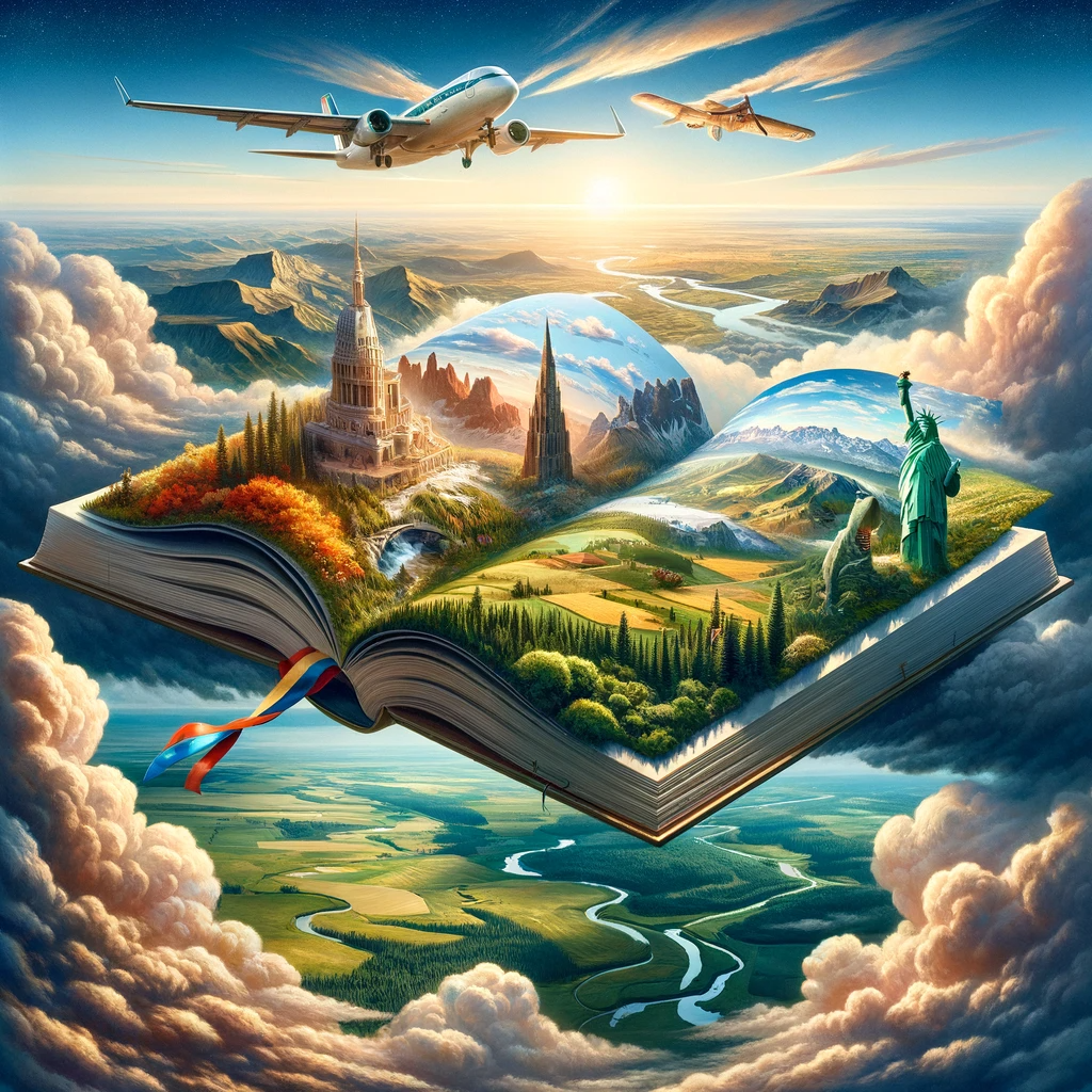 Illustration of an aerial view of America's landscapes with a floating book showing iconic landmarks, surrounded by blue skies and clouds.