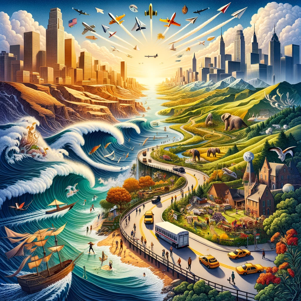 Illustration of diverse American landscapes from beaches to mountains, with paper planes in the sky, symbolizing a journey across the U.S.