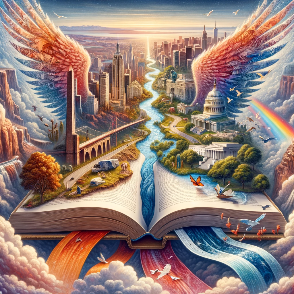 Illustration of surreal American landscapes with a rainbow-like Golden Gate Bridge, a waterfall in the Grand Canyon, a forest-blended New York skyline, and a word-filled Mississippi River.