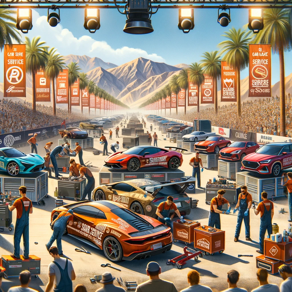 A lively car service competition in Palm Springs with teams working on sports cars and SUVs, surrounded by an enthusiastic crowd.