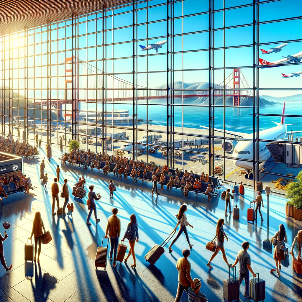 Bustling San Francisco International Airport terminal with diverse travelers, large windows showing airplanes, the Golden Gate Bridge, and the Pacific Ocean.