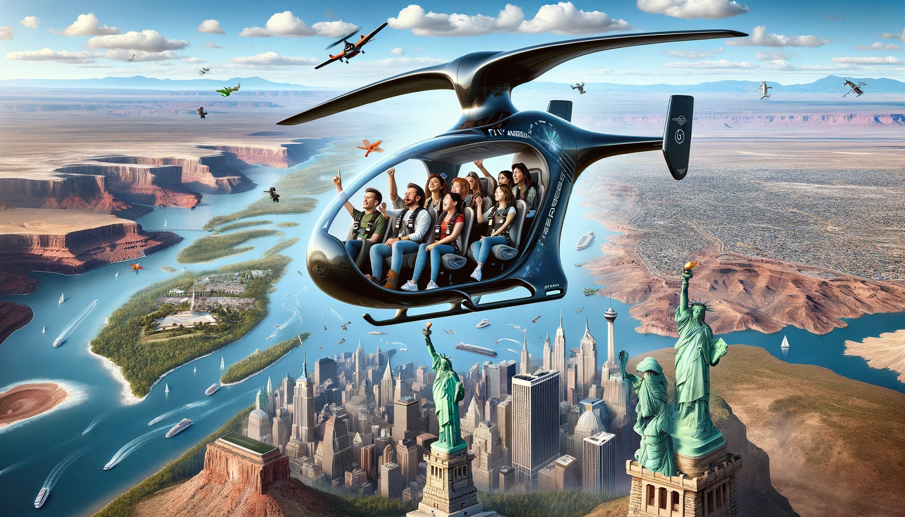 A small group of tourists in a futuristic flying vehicle, soaring above American landmarks like the Grand Canyon and Statue of Liberty, under a clear sky with fluffy clouds.