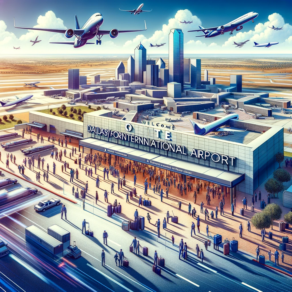 Vibrant scene at Dallas/Fort Worth International Airport with diverse passengers and flight crew, large welcome sign, airplanes, and Texas landscape in the background.