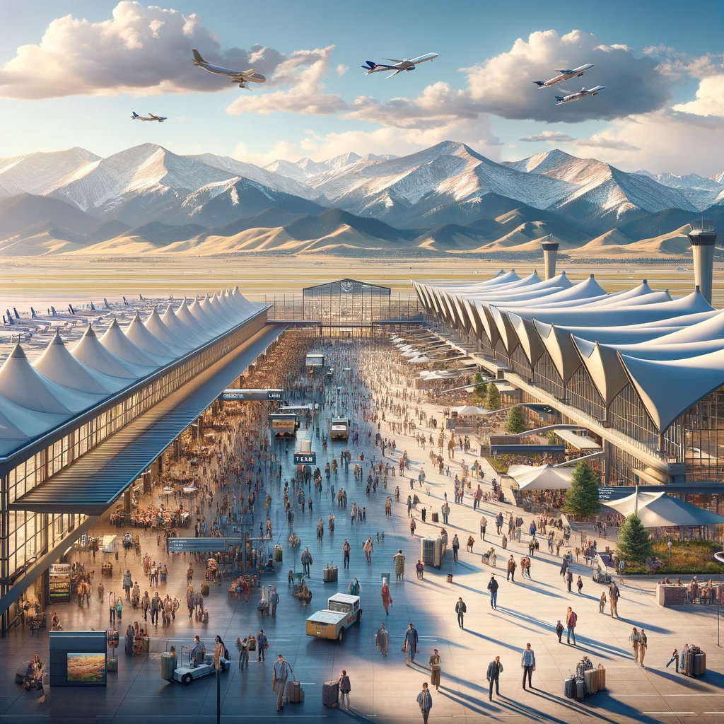 Expansive view of Denver International Airport with modern terminal, diverse travelers, iconic roof tents, and the Rocky Mountains in the distance.