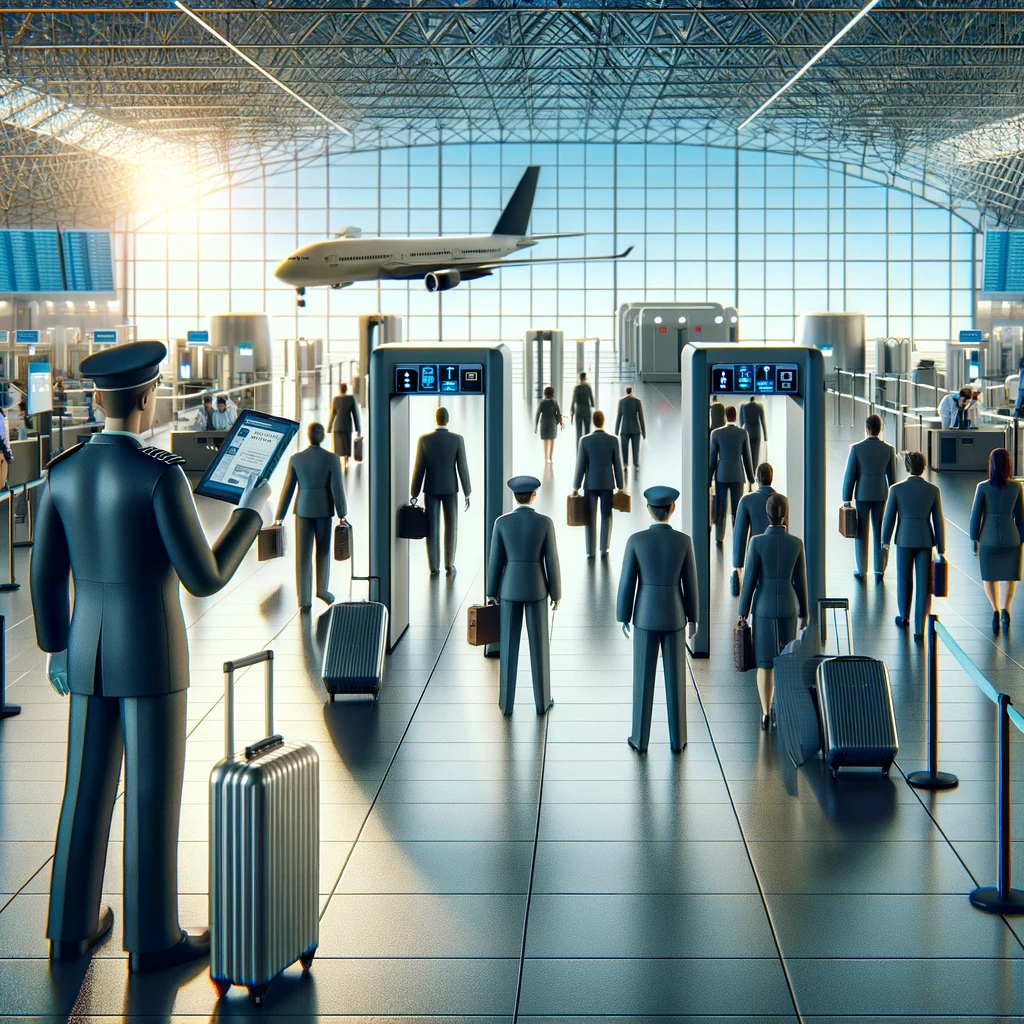 "Travelers at an airport security checkpoint presenting IDs and boarding passes to security personnel, with metal detectors and signage in the background."