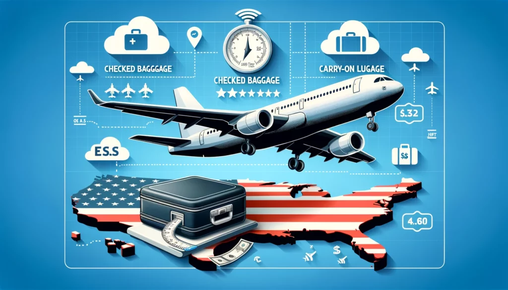 An airplane flying over the United States with icons representing different types of baggage and their weight limits.