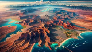 A panoramic aerial view showcasing America's top flyover locations, including the Grand Canyon, Monument Valley, the Rocky Mountains, the Florida Keys, Napa Valley, Hawaii's Big Island, the Great Lakes, the Appalachian Mountains, the San Francisco Bay Area, and the Pacific Northwest.