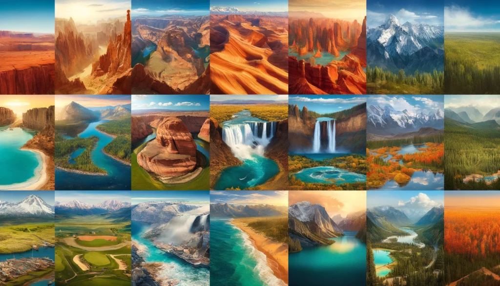 Aerial view showcasing a variety of America's stunning landscapes, including the Grand Canyon, Monument Valley, the Rocky Mountains, Niagara Falls, the Florida Keys, Mount Rainier, the Great Smoky Mountains, Lake Tahoe, the Appalachian Mountains, and the Pacific Northwest Coast.