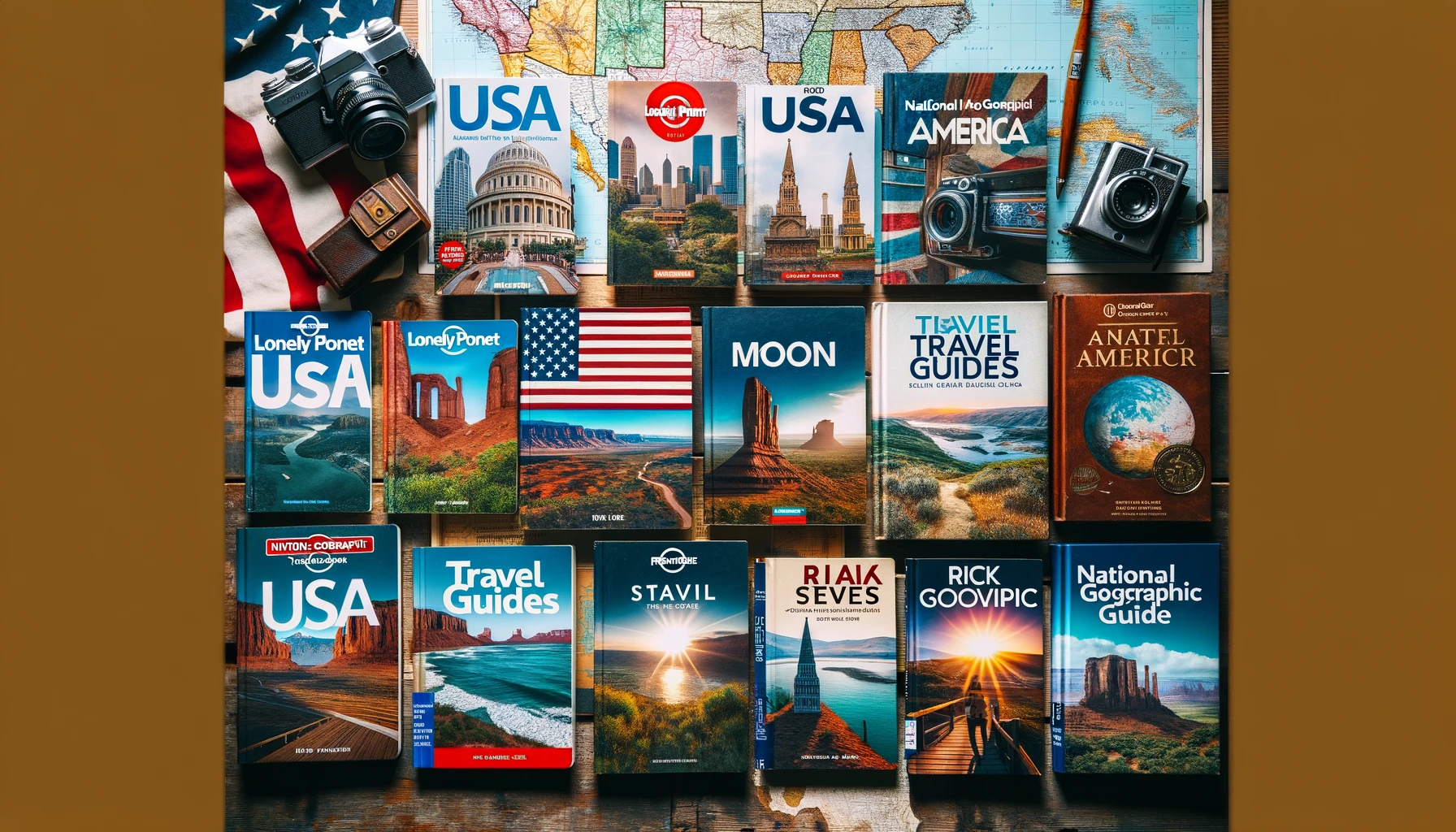 A collection of America's top travel guides, including Lonely Planet USA, Fodor's Travel Guides, Moon Travel Guides, Rick Steves' Guidebooks, and National Geographic Travel Guides, arranged on a wooden table with a map of the USA and a vintage camera.