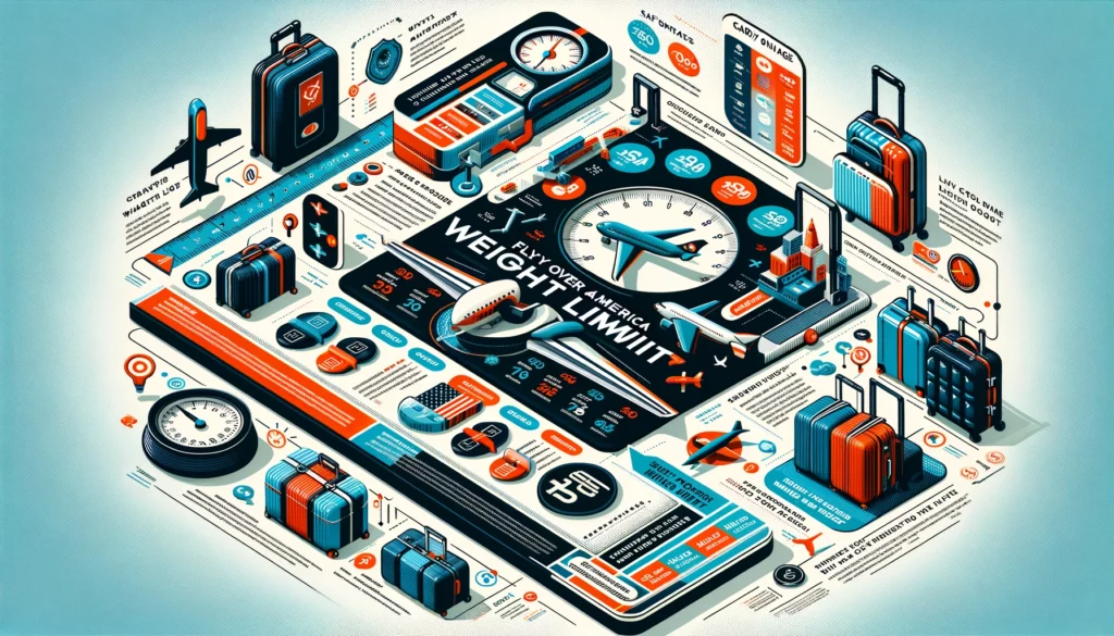 Infographic showing the Fly Over America Weight Limit guide with visuals of scales, luggage, an airplane, and icons for safety, efficiency, and cost savings.