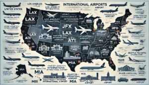 "A detailed map of the United States highlighting major international airports with airplane icons and clear labels."
