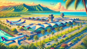 A vibrant depiction of Honolulu International Airport (Daniel K. Inouye International Airport) with modern terminal buildings, surrounded by palm trees and lush greenery, featuring airplanes on the tarmac, a clear blue sky, and the Hawaiian mountains in the background.