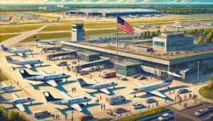"Illustration of a bustling regional airport in America, featuring small private planes and regional jets on the tarmac, a modern terminal with the American flag, passengers, and airport staff."