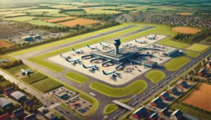 "Aerial view of a regional airport with runways, small control tower, airplanes, and surrounding green fields and a small town, showcasing the role and importance of regional and local airports."