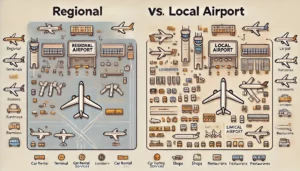 A comparison chart illustrating the differences between regional and local airports. The left side shows a regional airport with large terminals, multiple runways, and amenities such as car rental services, shops, and restaurants. The right side depicts a local airport with a smaller terminal, a single runway, fewer airlines, and limited amenities, highlighting a small parking area and minimal passenger services.